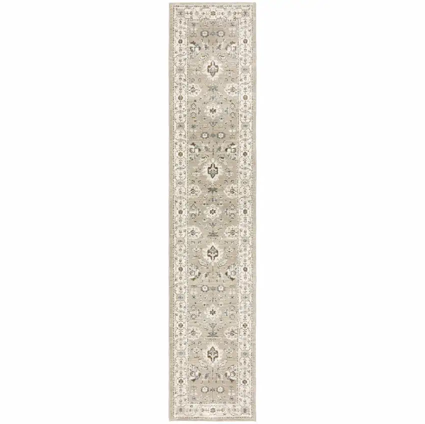 Beige And Ivory Oriental Power Loom Runner Rug Photo 1