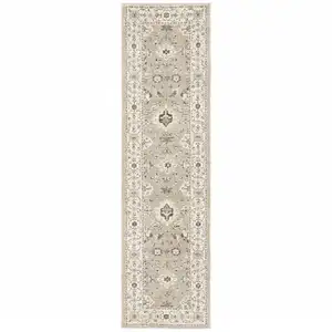 Photo of Beige And Ivory Oriental Power Loom Stain Resistant Runner Rug