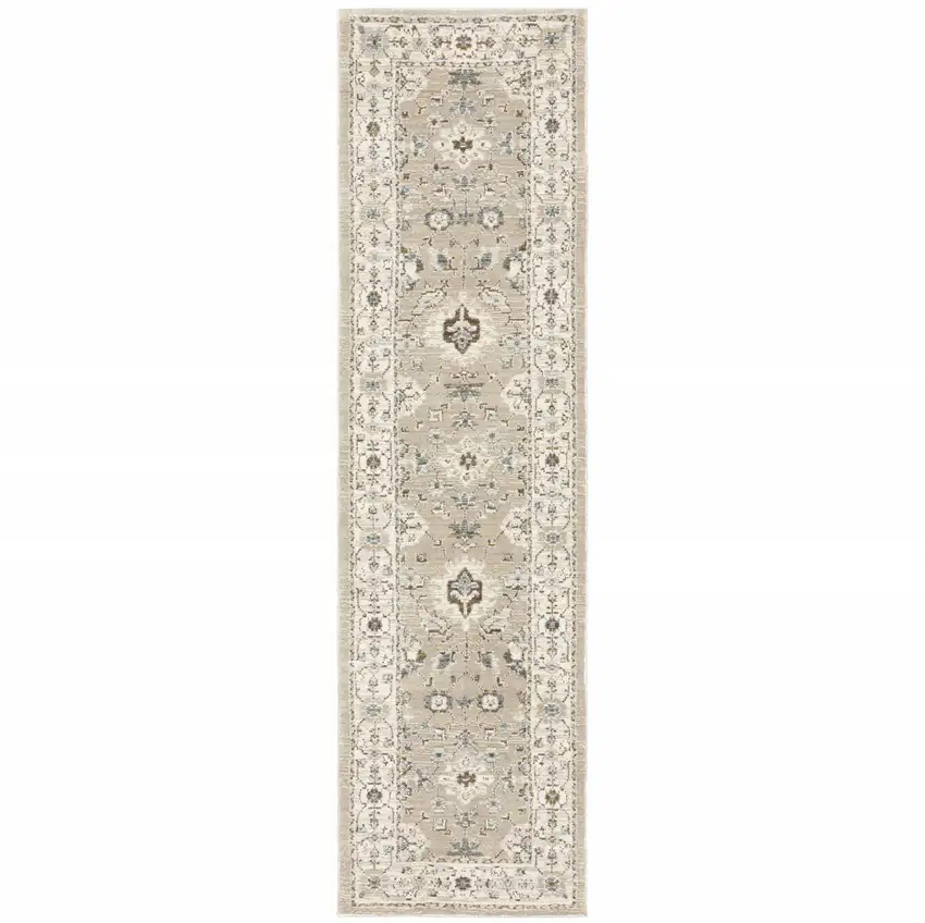 Beige And Ivory Oriental Power Loom Stain Resistant Runner Rug Photo 1