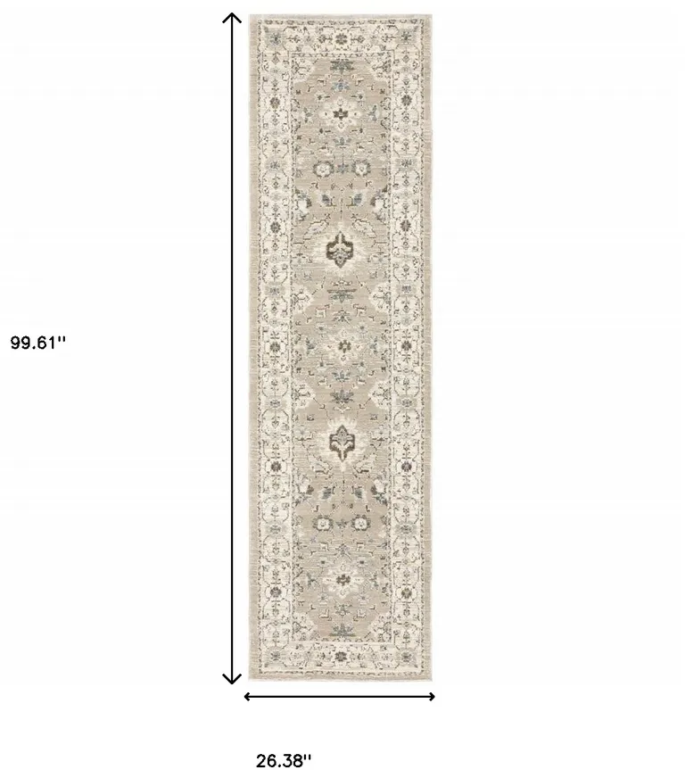 Beige And Ivory Oriental Power Loom Stain Resistant Runner Rug Photo 5