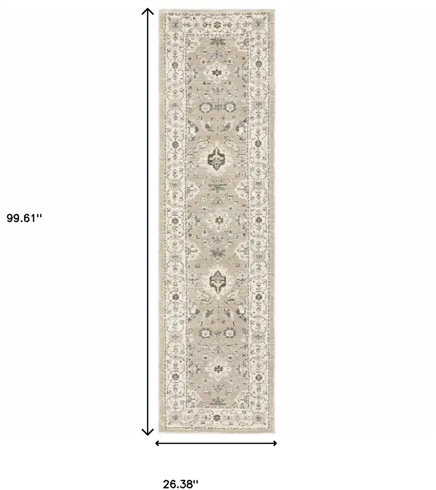 Beige And Ivory Oriental Power Loom Stain Resistant Runner Rug Photo 6