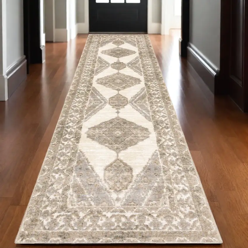 12' Runner Beige and Ivory Oriental Power Loom Runner Rug Photo 1