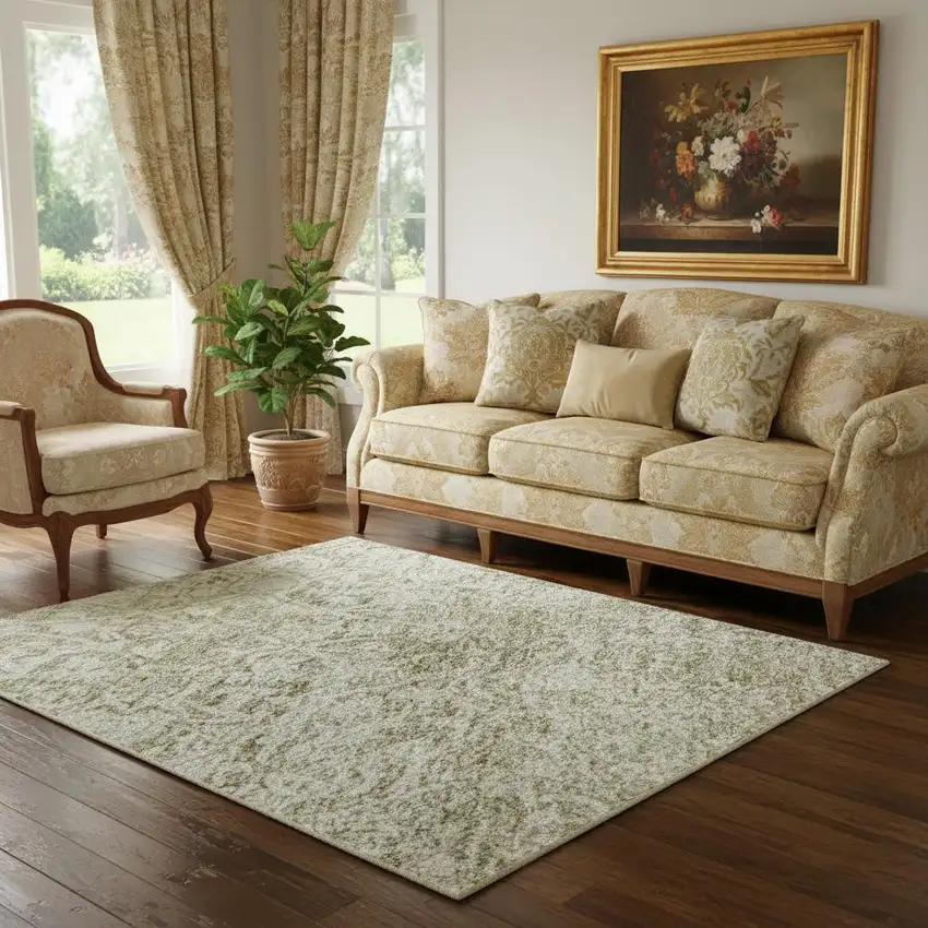 Beige And Ivory Oriental Washable Area Rug With UV Protection Photo 2