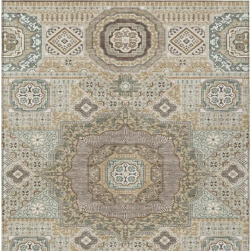 Beige And Ivory Oriental Washable Indoor Outdoor Area Rug Photo 4