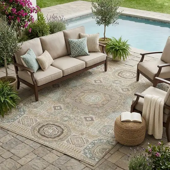Beige And Ivory Oriental Washable Indoor Outdoor Area Rug Photo 1
