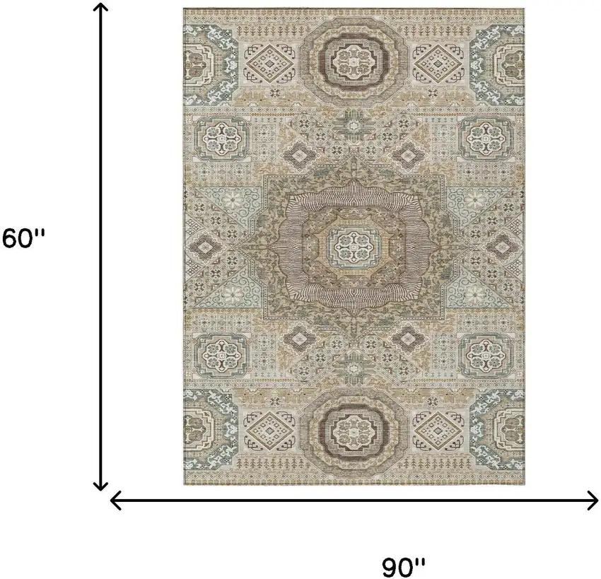 Beige And Ivory Oriental Washable Indoor Outdoor Area Rug Photo 7