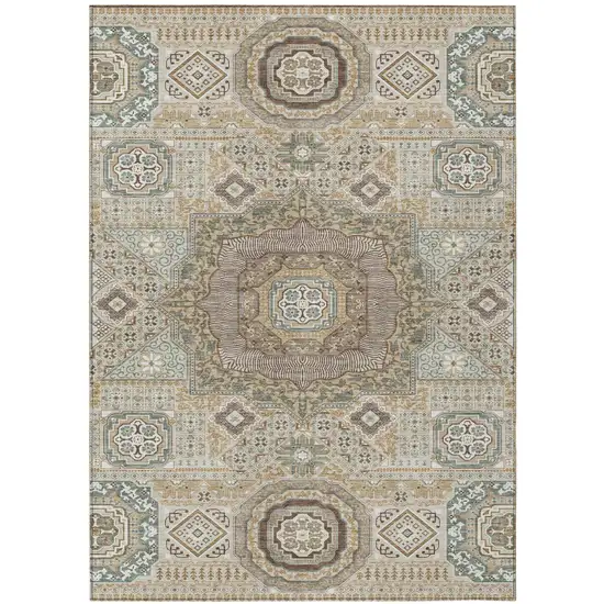 Beige And Ivory Oriental Washable Indoor Outdoor Area Rug Photo 2