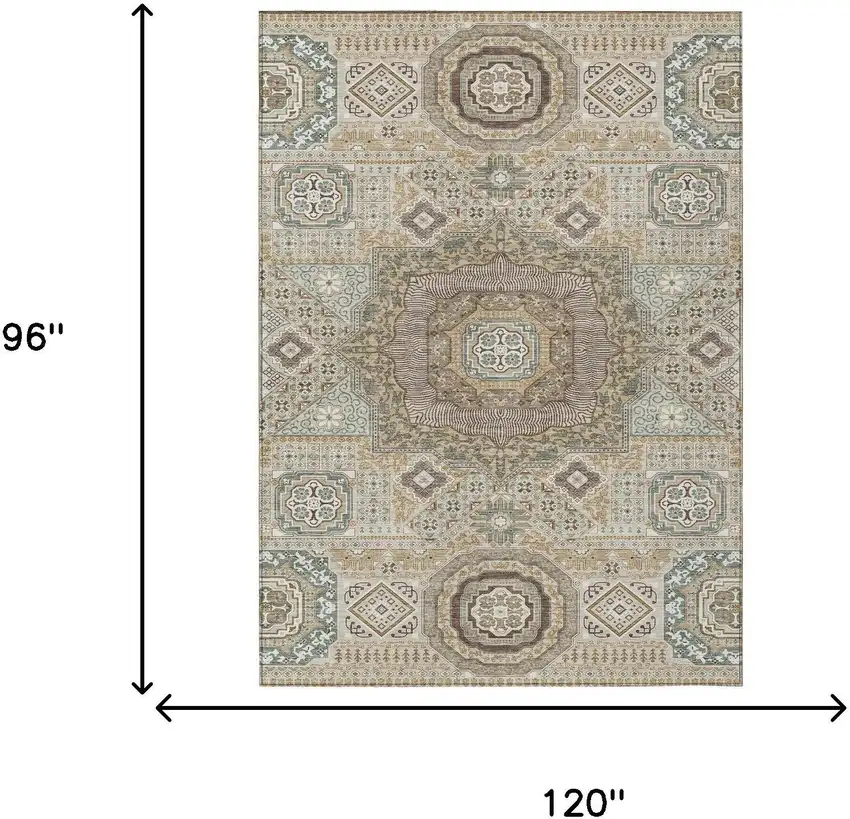 Beige And Ivory Oriental Washable Indoor Outdoor Area Rug Photo 7