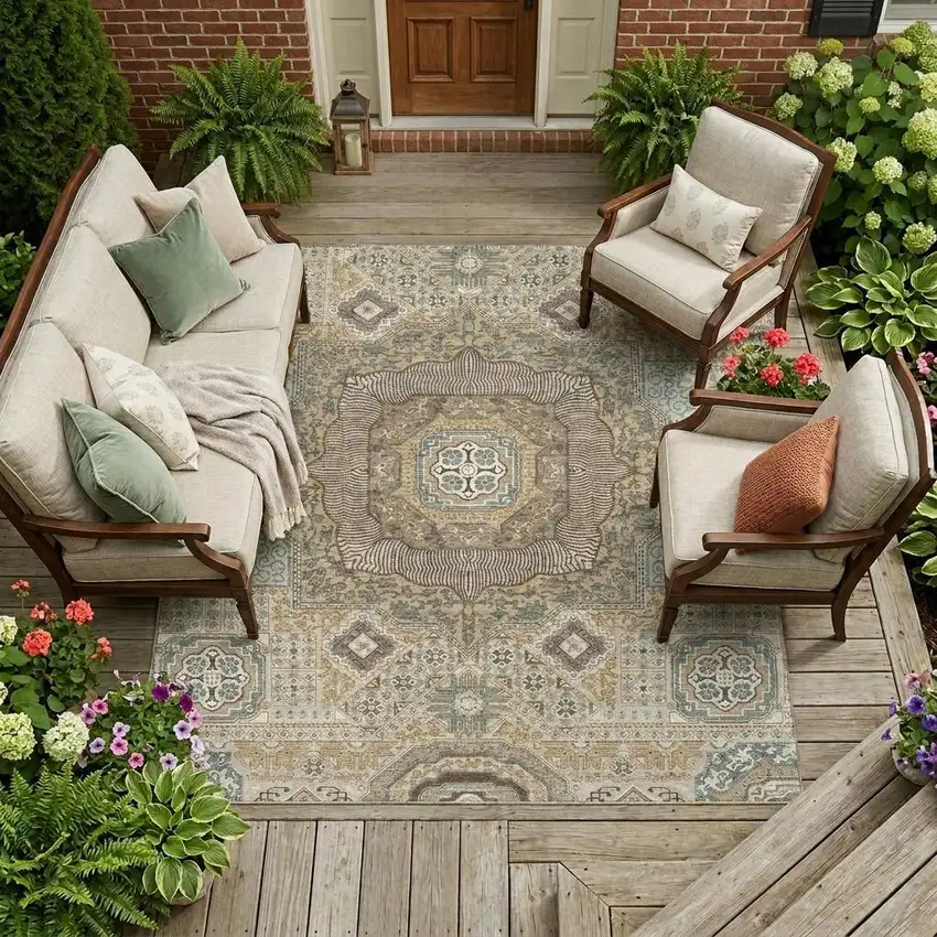 Beige And Ivory Oriental Washable Indoor Outdoor Area Rug Photo 1