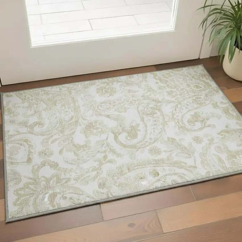 Beige And Ivory Paisley Washable Area Rug With UV Protection Photo 2