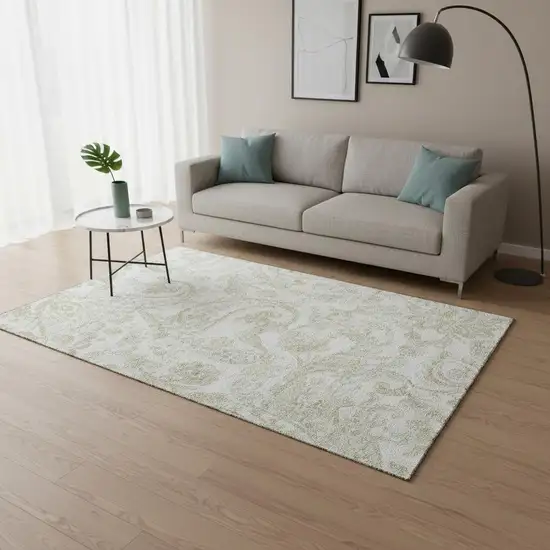 Beige And Ivory Paisley Washable Area Rug With UV Protection Photo 2
