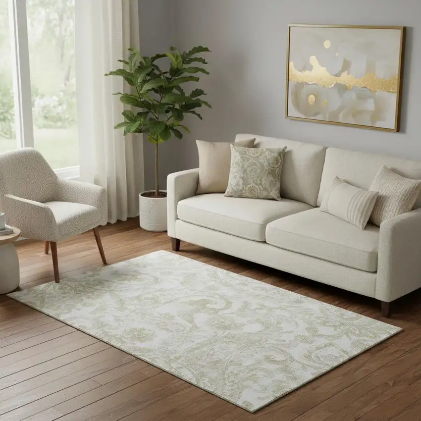 Beige And Ivory Paisley Washable Area Rug With UV Protection Photo 1