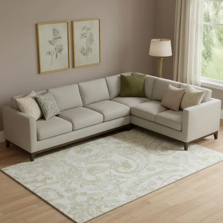 Beige And Ivory Paisley Washable Area Rug With UV Protection Photo 1