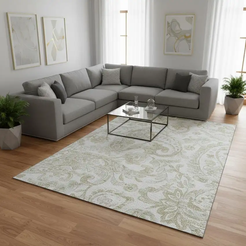 Beige And Ivory Paisley Washable Area Rug With UV Protection Photo 2