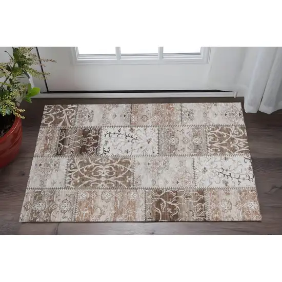 Beige And Ivory Patchwork Washable Area Rug With UV Protection Photo 2