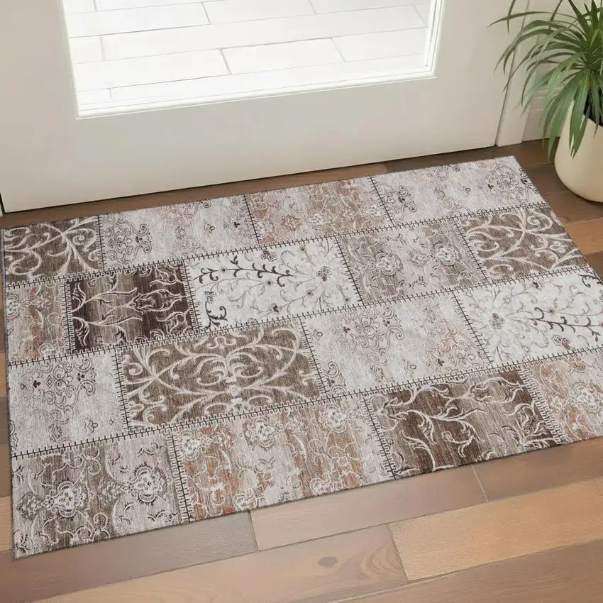 Beige And Ivory Patchwork Washable Area Rug With UV Protection Photo 1