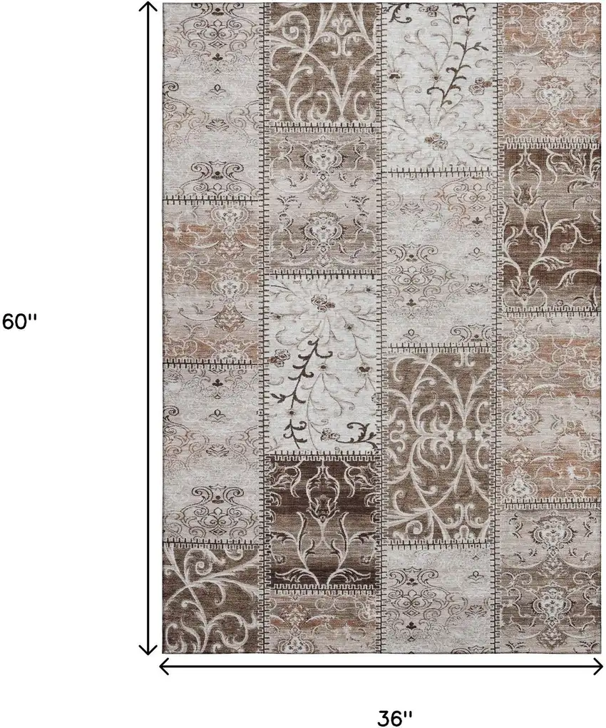 Beige And Ivory Patchwork Washable Area Rug With UV Protection Photo 3