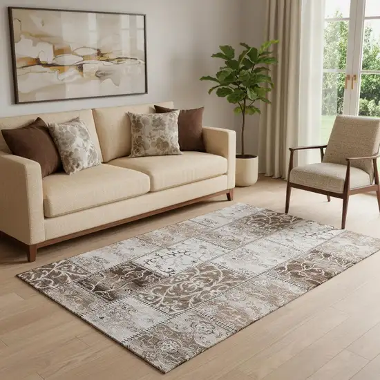 Beige And Ivory Patchwork Washable Area Rug With UV Protection Photo 1
