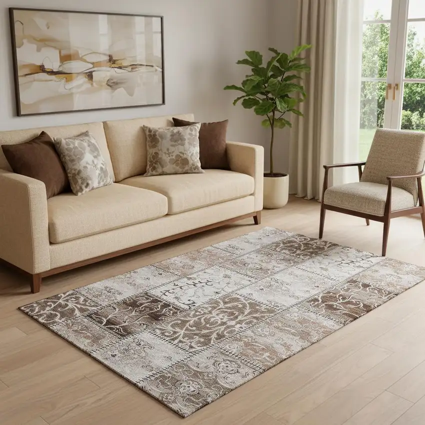 Beige And Ivory Patchwork Washable Area Rug With UV Protection Photo 1