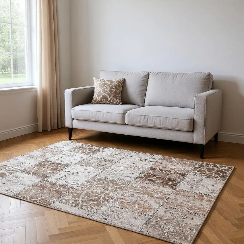 Beige And Ivory Patchwork Washable Area Rug With UV Protection Photo 2