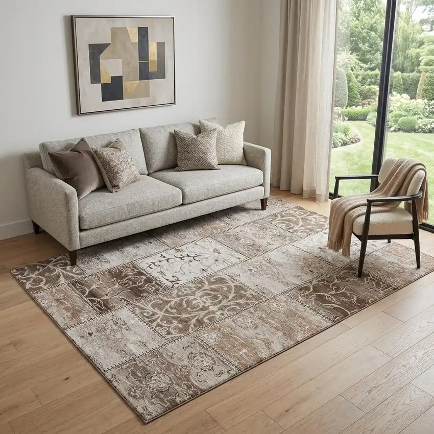 Beige And Ivory Patchwork Distressed Washable Area Rug With UV Protection Photo 1