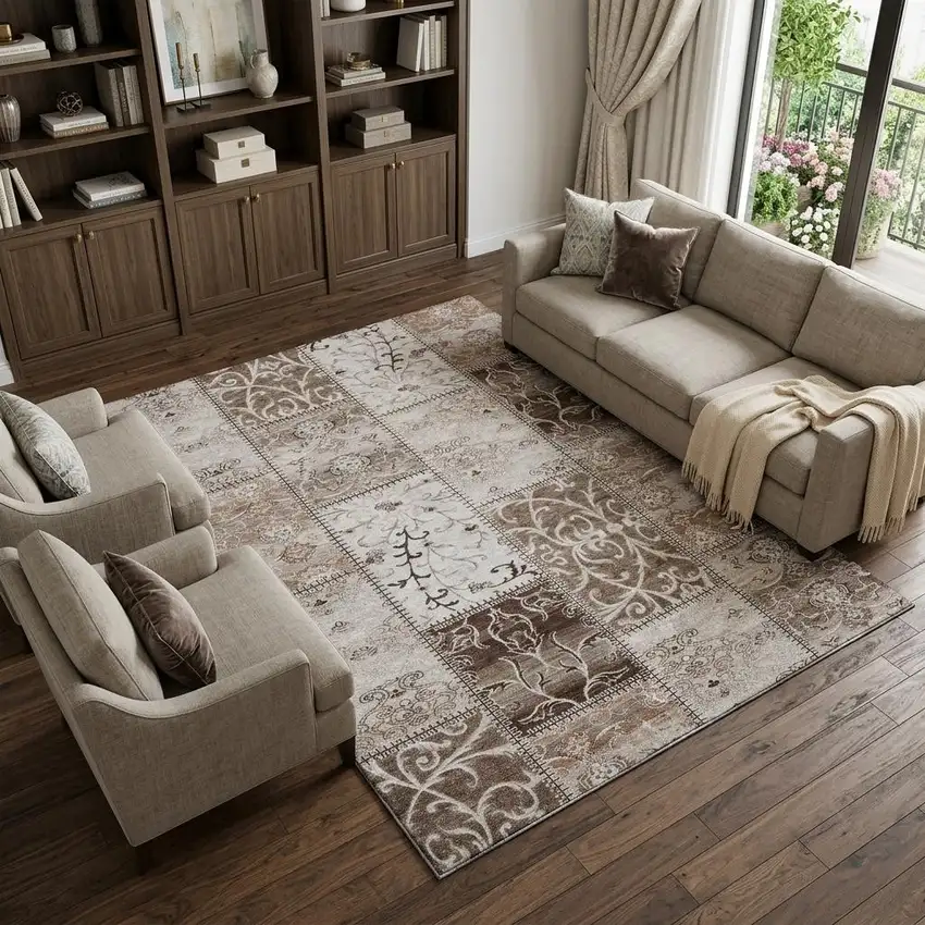 Beige And Ivory Patchwork Distressed Washable Area Rug With UV Protection Photo 1