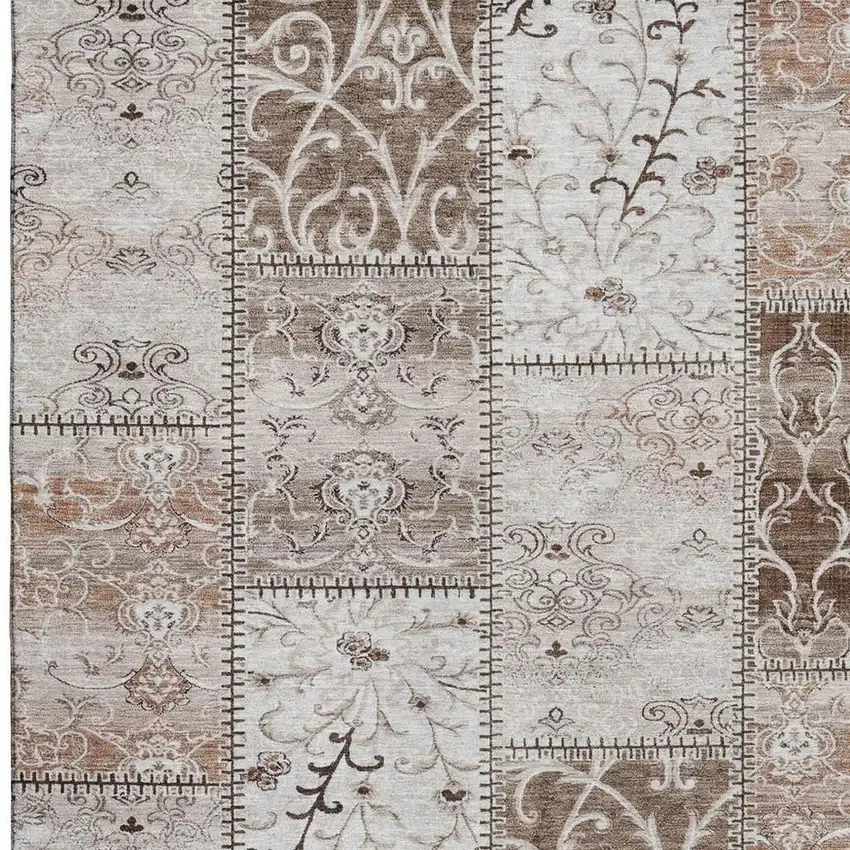 Beige And Ivory Patchwork Distressed Washable Area Rug With UV Protection Photo 3