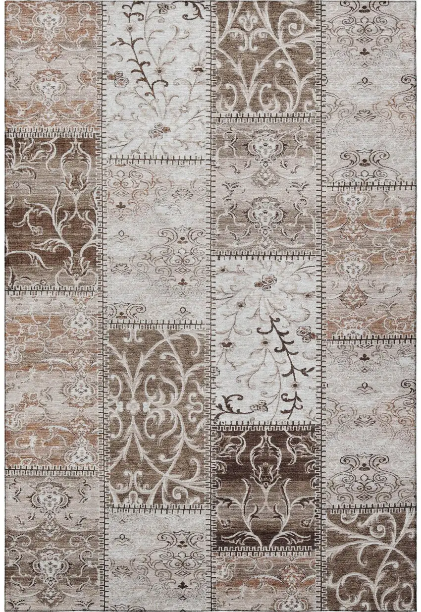 Beige And Ivory Patchwork Distressed Washable Area Rug With UV Protection Photo 4