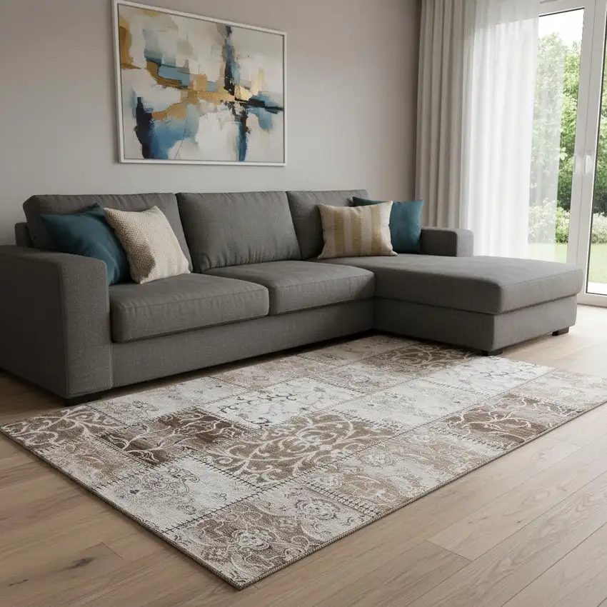 Beige And Ivory Patchwork Washable Area Rug With UV Protection Photo 1