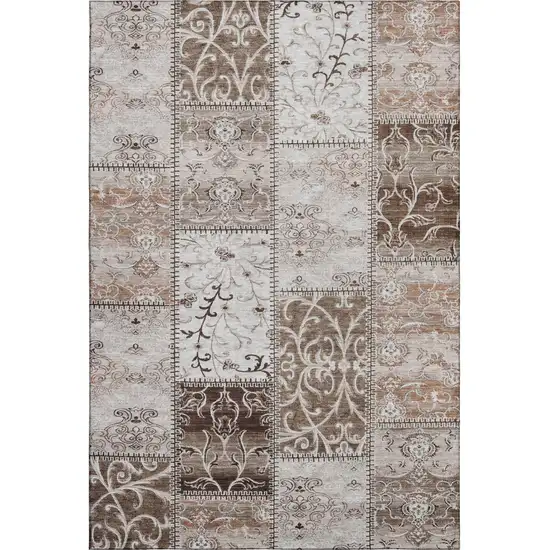 Beige And Ivory Patchwork Distressed Washable Area Rug With UV Protection Photo 2