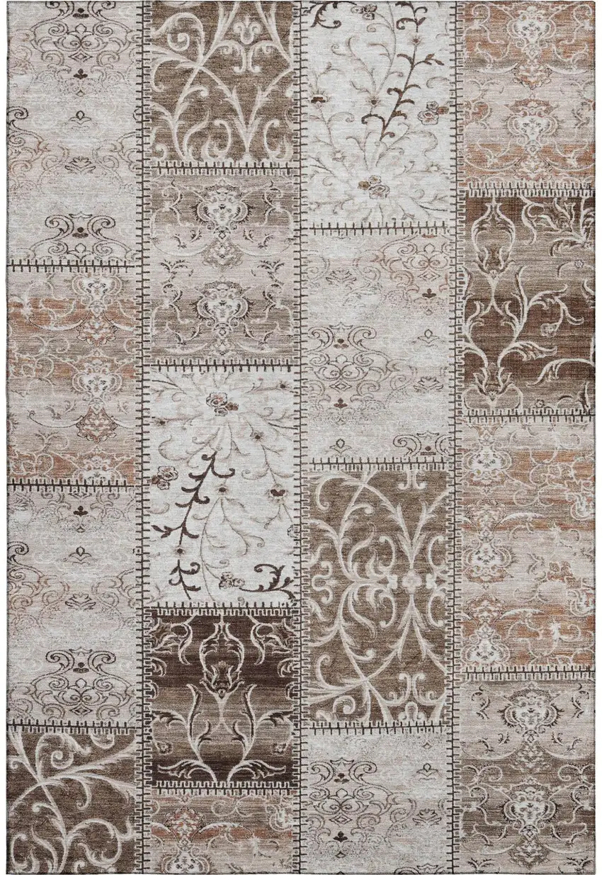Beige And Ivory Patchwork Distressed Washable Area Rug With UV Protection Photo 2