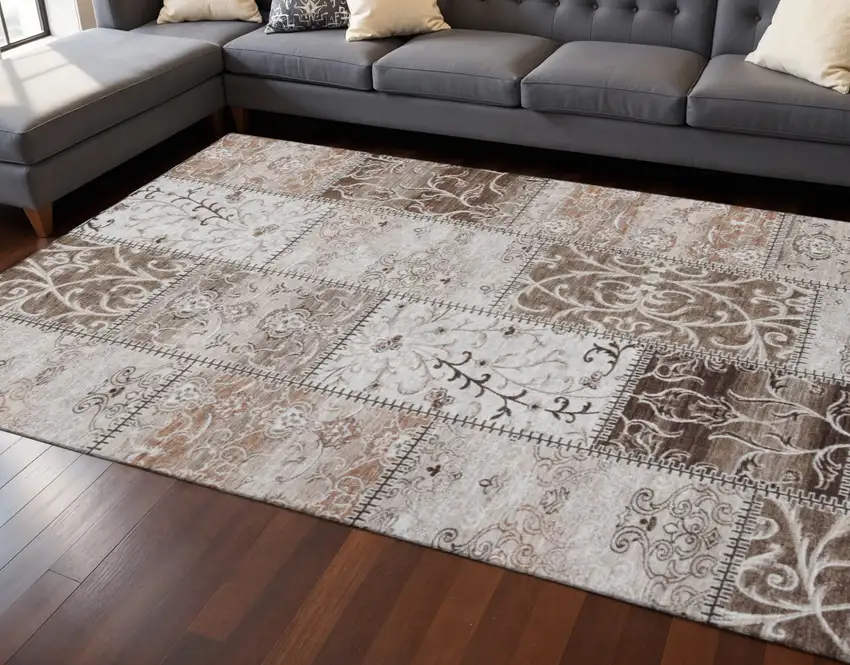 Beige And Ivory Patchwork Washable Area Rug With UV Protection Photo 2