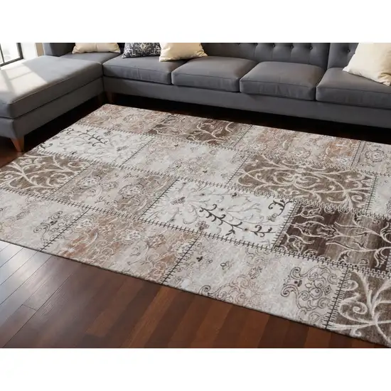 Beige And Ivory Patchwork Washable Area Rug With UV Protection Photo 2