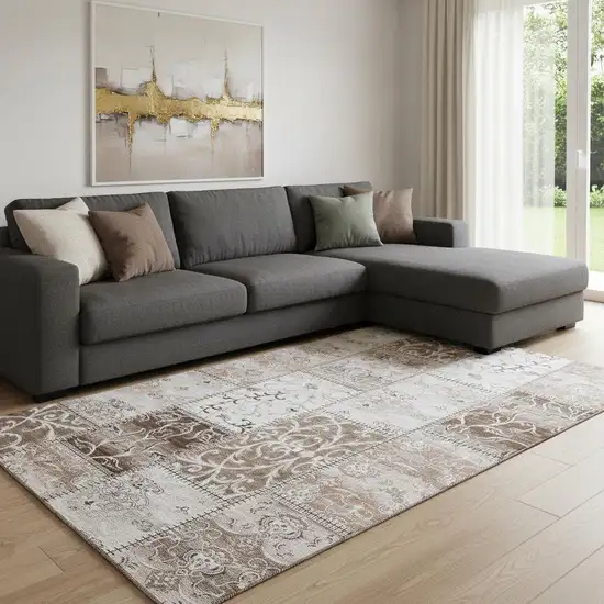 Beige And Ivory Patchwork Washable Area Rug With UV Protection Photo 1