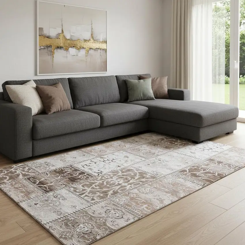 Beige And Ivory Patchwork Washable Area Rug With UV Protection Photo 1