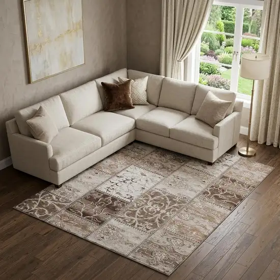 Beige And Ivory Patchwork Distressed Washable Area Rug With UV Protection Photo 1