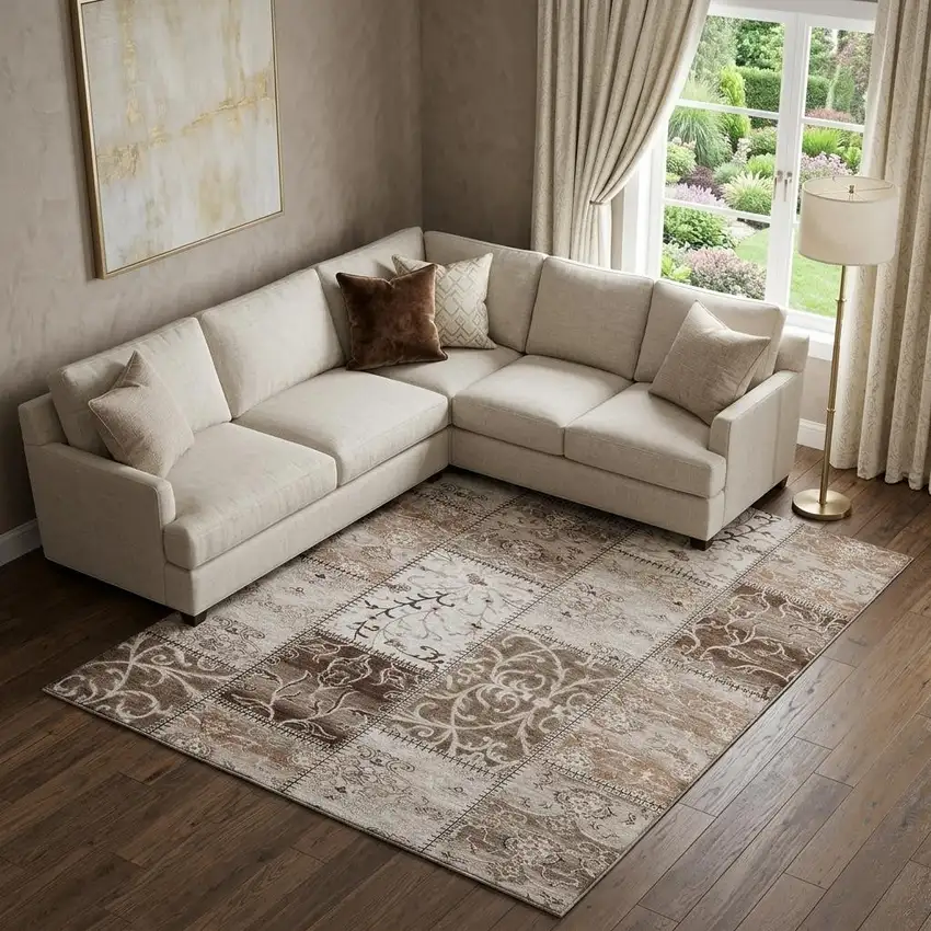 Beige And Ivory Patchwork Distressed Washable Area Rug With UV Protection Photo 1