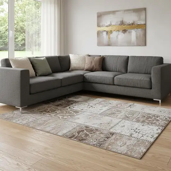 Beige And Ivory Patchwork Washable Area Rug With UV Protection Photo 1