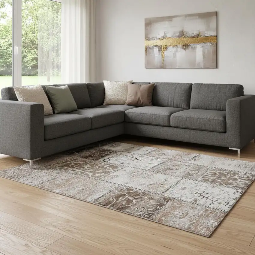 Beige And Ivory Patchwork Washable Area Rug With UV Protection Photo 1