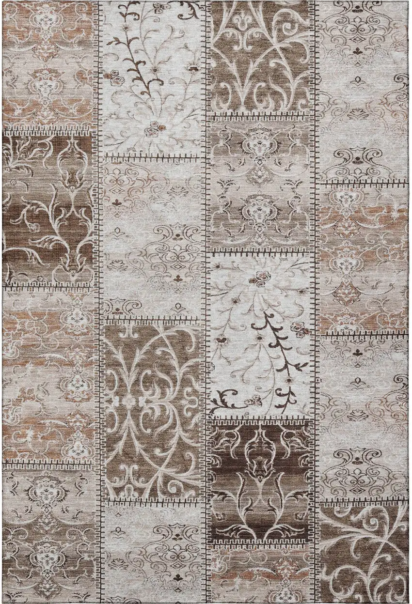 Beige And Ivory Patchwork Washable Area Rug With UV Protection Photo 4