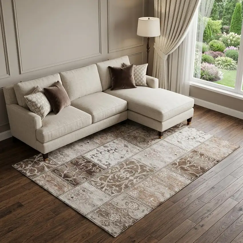 Beige And Ivory Patchwork Distressed Washable Area Rug With UV Protection Photo 1