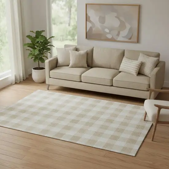 Beige And Ivory Plaid Washable Area Rug With UV Protection Photo 1