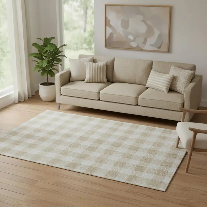 Beige And Ivory Plaid Washable Area Rug With UV Protection Photo 1