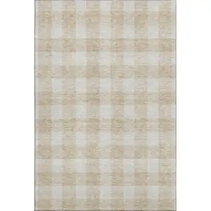 Photo of Beige And Ivory Plaid Washable Area Rug With UV Protection