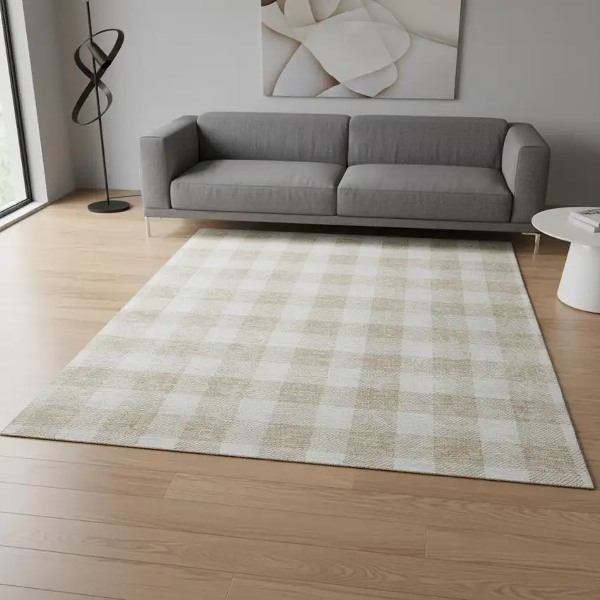 Beige And Ivory Plaid Washable Area Rug With UV Protection Photo 2