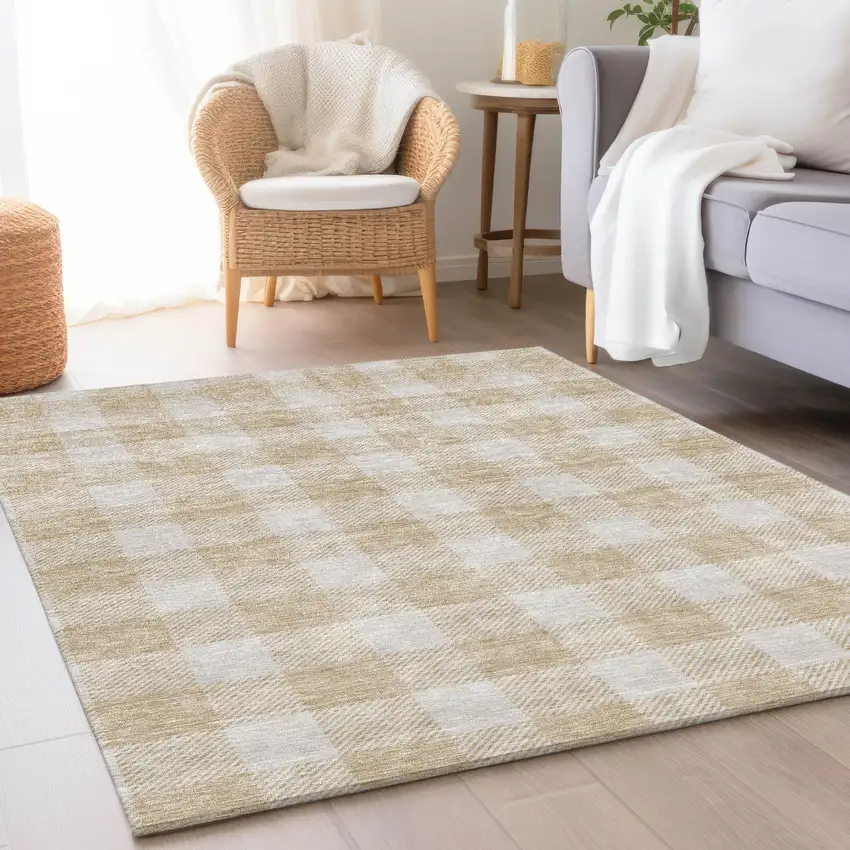 Beige And Ivory Plaid Washable Area Rug With UV Protection Photo 4