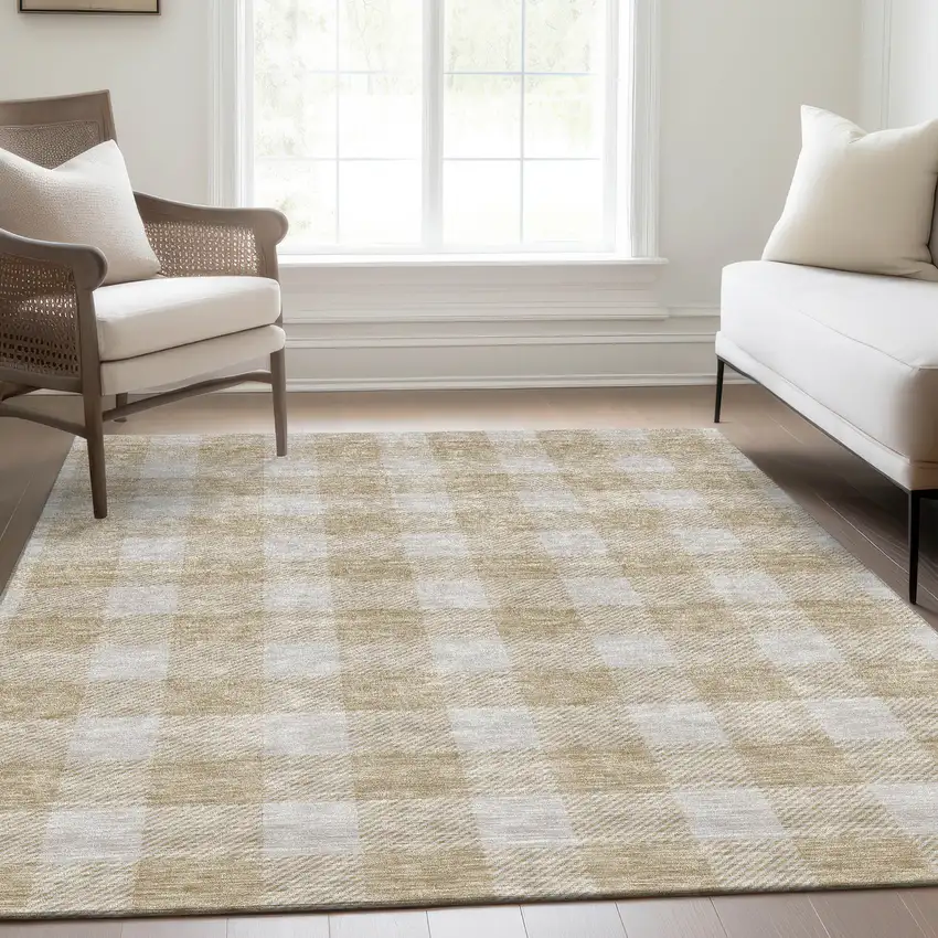 Beige And Ivory Plaid Washable Area Rug With UV Protection Photo 5