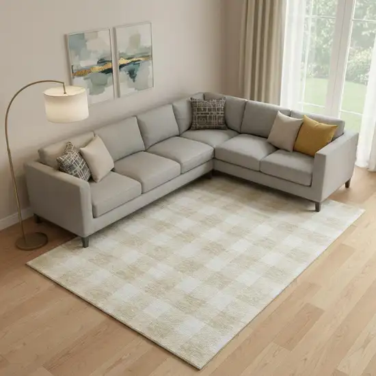 Beige And Ivory Plaid Washable Area Rug With UV Protection Photo 1