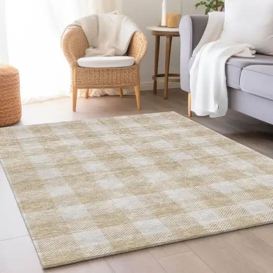 Beige And Ivory Plaid Washable Area Rug With UV Protection Photo 4