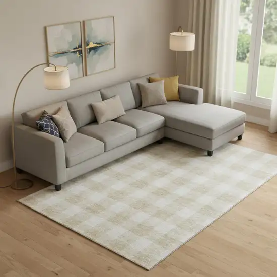 Beige And Ivory Plaid Washable Area Rug With UV Protection Photo 1